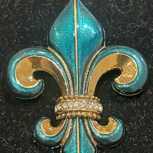 Designer Teal and Gold Fleur-de-Lis Brooch by CORO